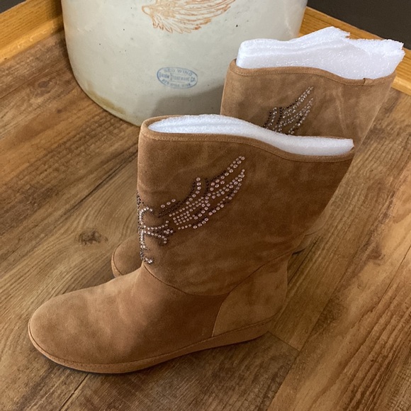 Reba Shoes - Reba brown suede boots with rhinestone embellishments mid calf. size 10 NWT